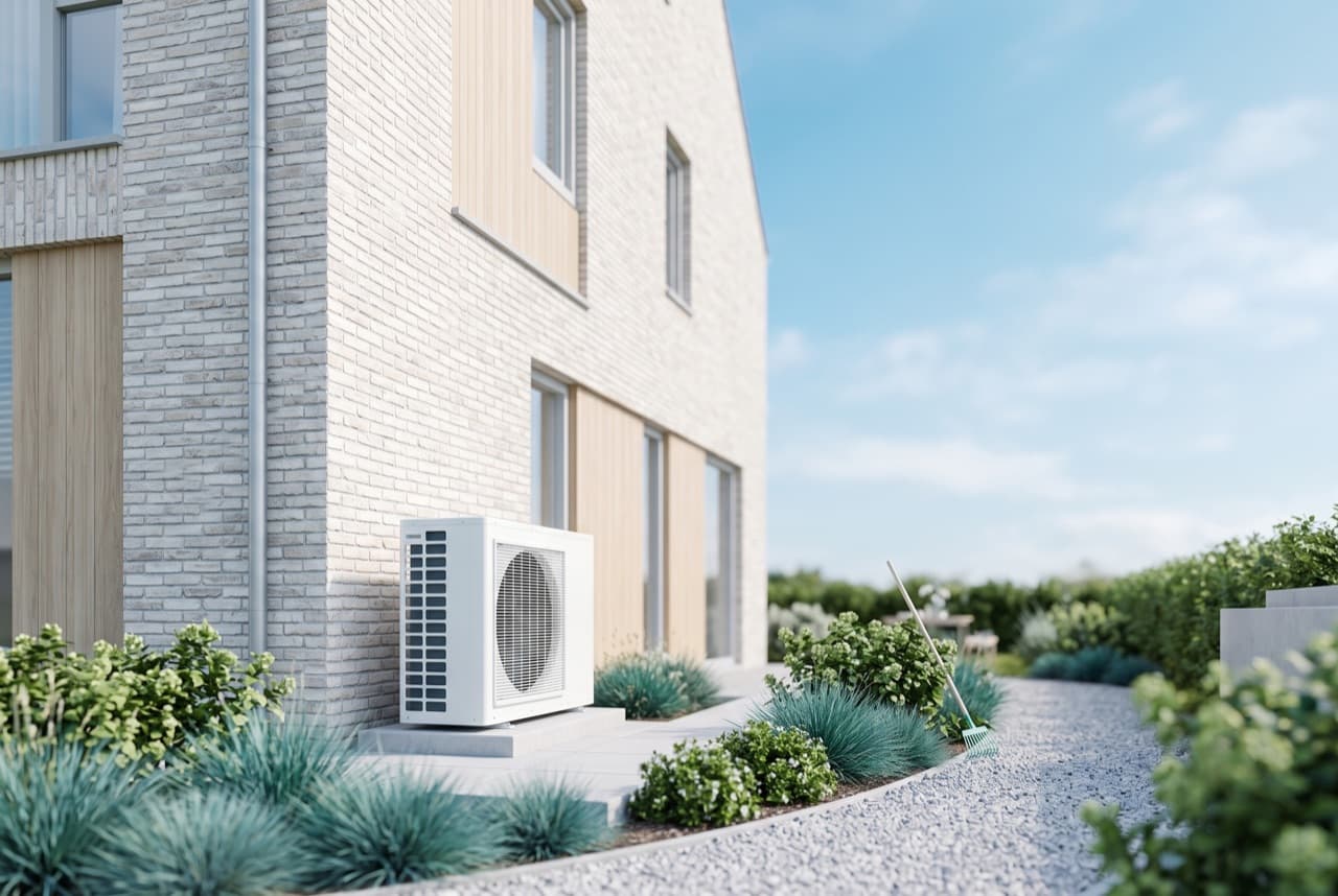 Warmtepomp-buitenunit naast een moderne woning