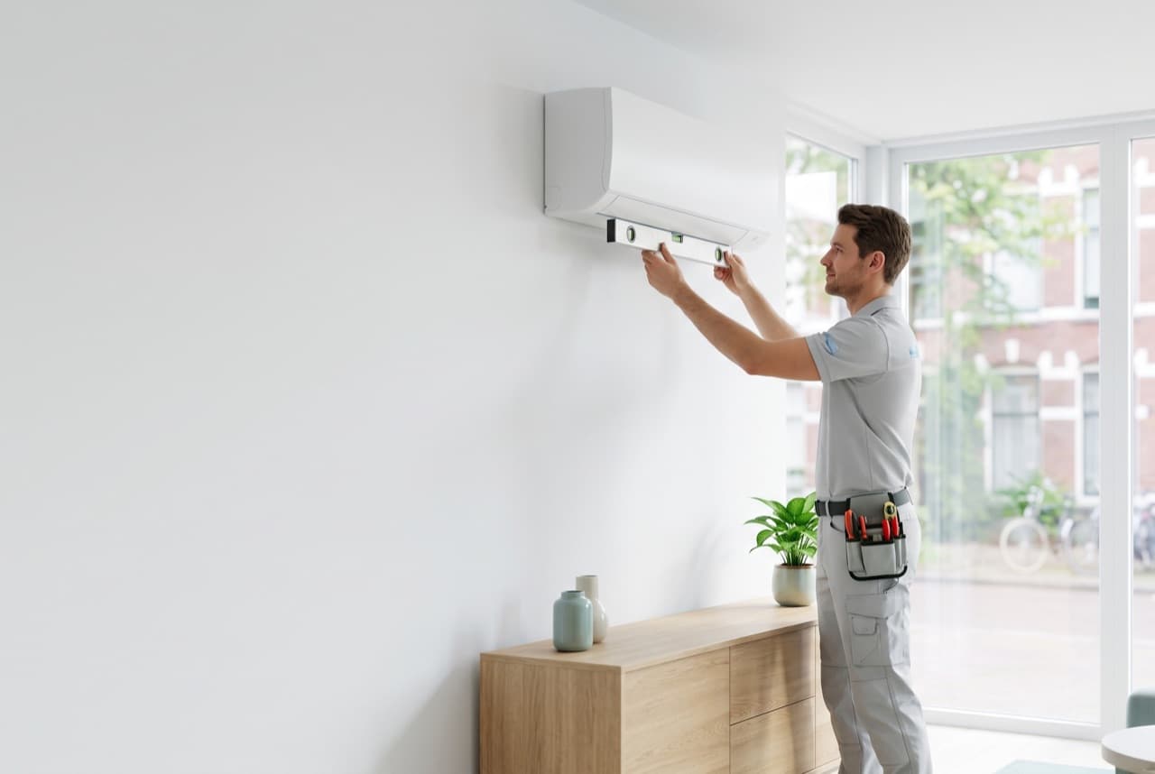 Monteur van TPS klimaattechniek installeert een airco-binnenunit in een lichte woonkamer